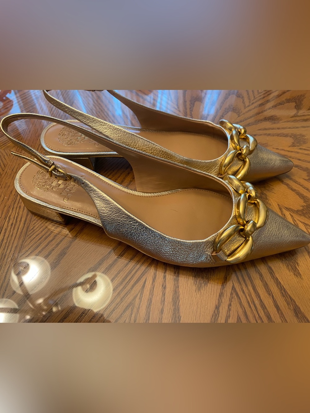 Vince Camuto Gold Metallic Pointed Slingback Flats with Chain Detail - Picture 3 of 4